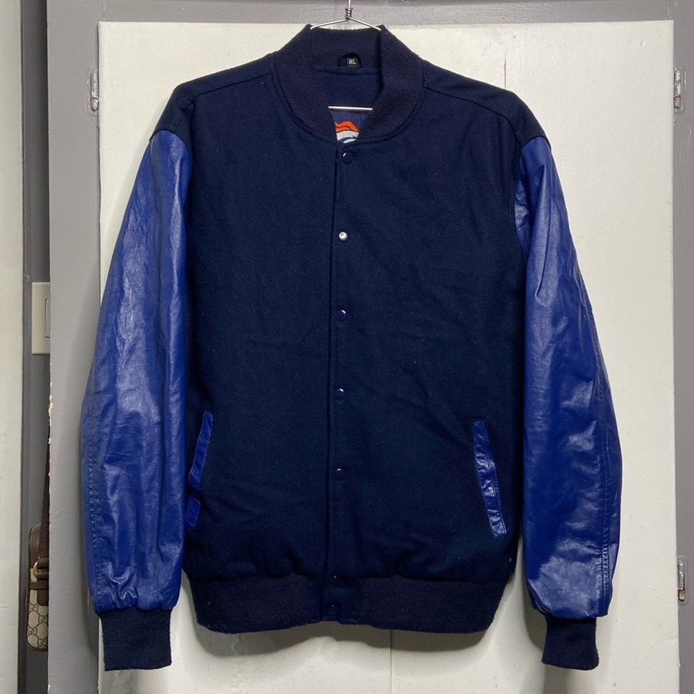 Vintage Denver Broncos Leather Bomber Varsity Jacket Men's XL Navy Blue